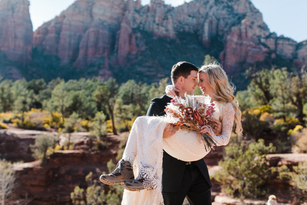 Candid photo of a couple in Sedona for their elopement