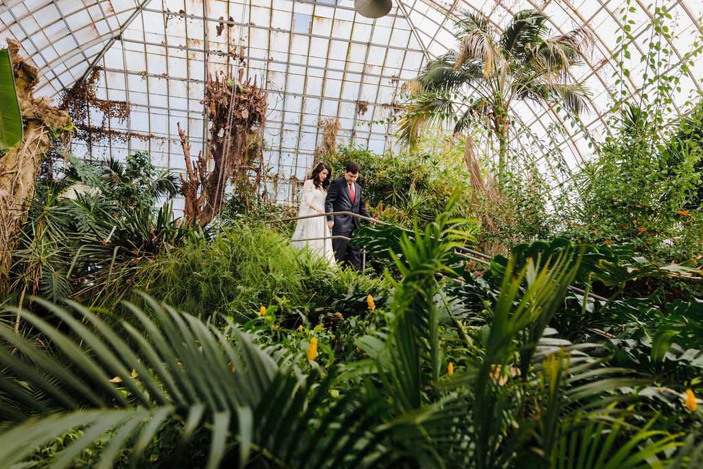 A couple walking through a large greenhouse of tropical plants