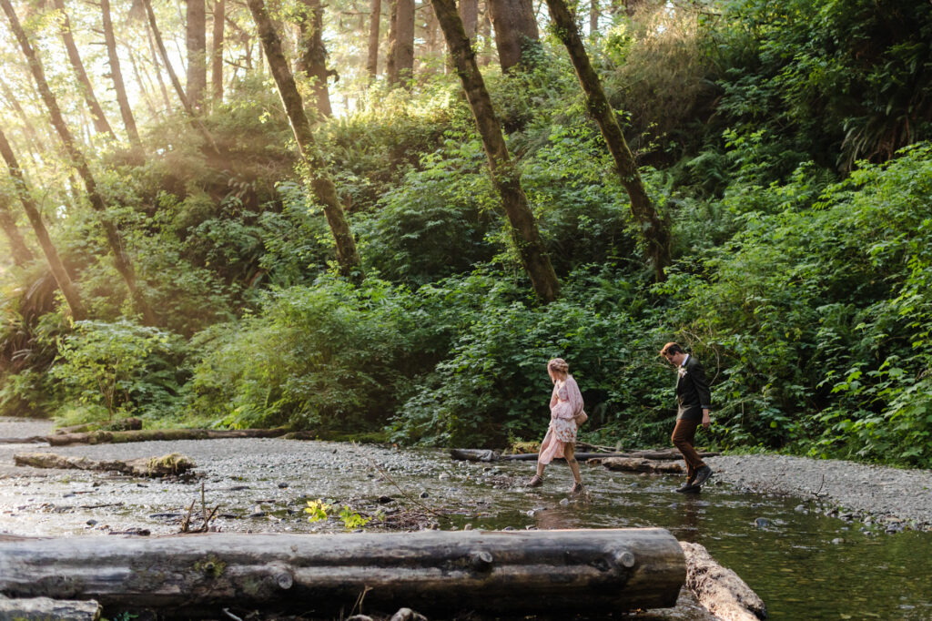 A bride and groom in wedding attire walk through a creek in Fern Canyon in Redwoods National Park