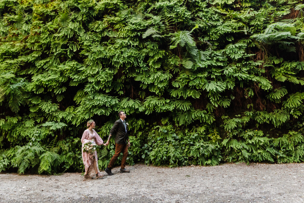 A groom and bride hold lands and lead each other along fern canyon in redwoods national park 
